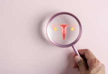 A doctor holds a magnifying glass over the female reproductive system, highlighting the uterus and ovaries.